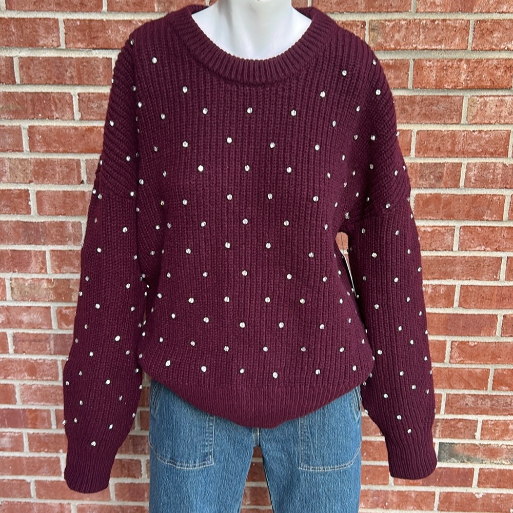 NINE WEST Maroon Crew Neck/Clear Acrylic Studded Knit Pullover Sweater